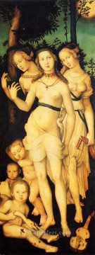 three women at the table by the lamp Painting - Harmony Of The Three Graces nude painter Hans Baldung